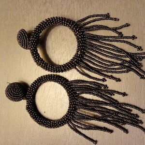 Black Beaded Hoop Earrings with Fringe